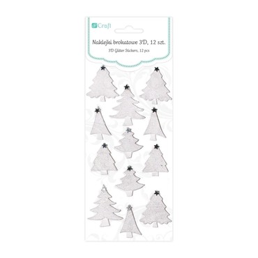 Naklejki brokatowe 3D - choinki, 12 szt. white