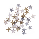 Drewniane brokatowe gwiazdki - dwustronne 1,4 cm, 36 szt.  złoty, srebrny, biały