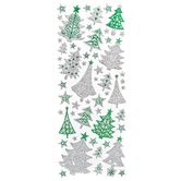 Naklejki brokatowe - choinki silver & green, 53 szt.
