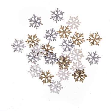 Drewniane brokatowe śnieżynki  - dwustronne 1,6 cm, 24 szt. złoty, srebrny, biał
