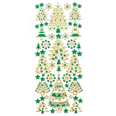 Naklejki brokatowe - choinki gold & green, 44 szt.
